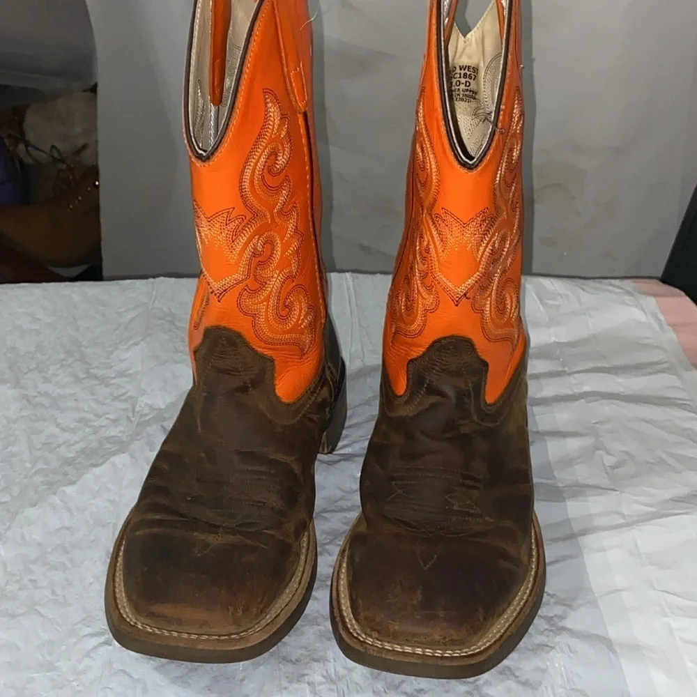 OLD WEST‎ GENUINE LEATHER Orange and Brown Western Cowboy Boots KIDS  SIZE 3D